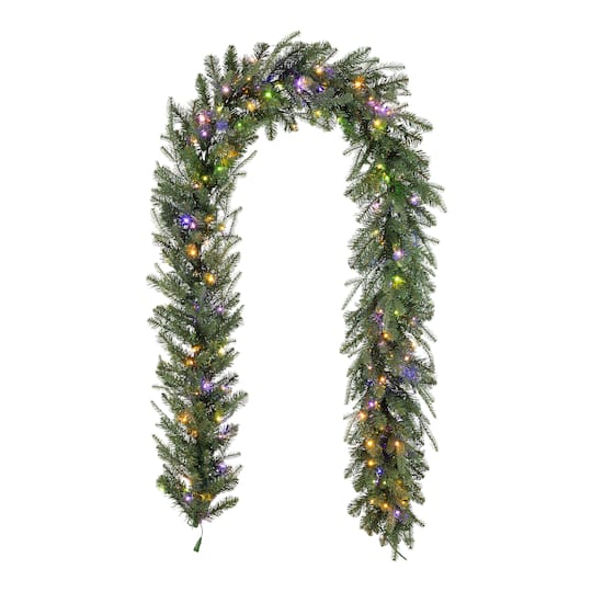 Glitzhome® 9ft. Pre-Lit Greenery Pine Garland with White & Multi-Color Twinkling Lights, 10 Functions